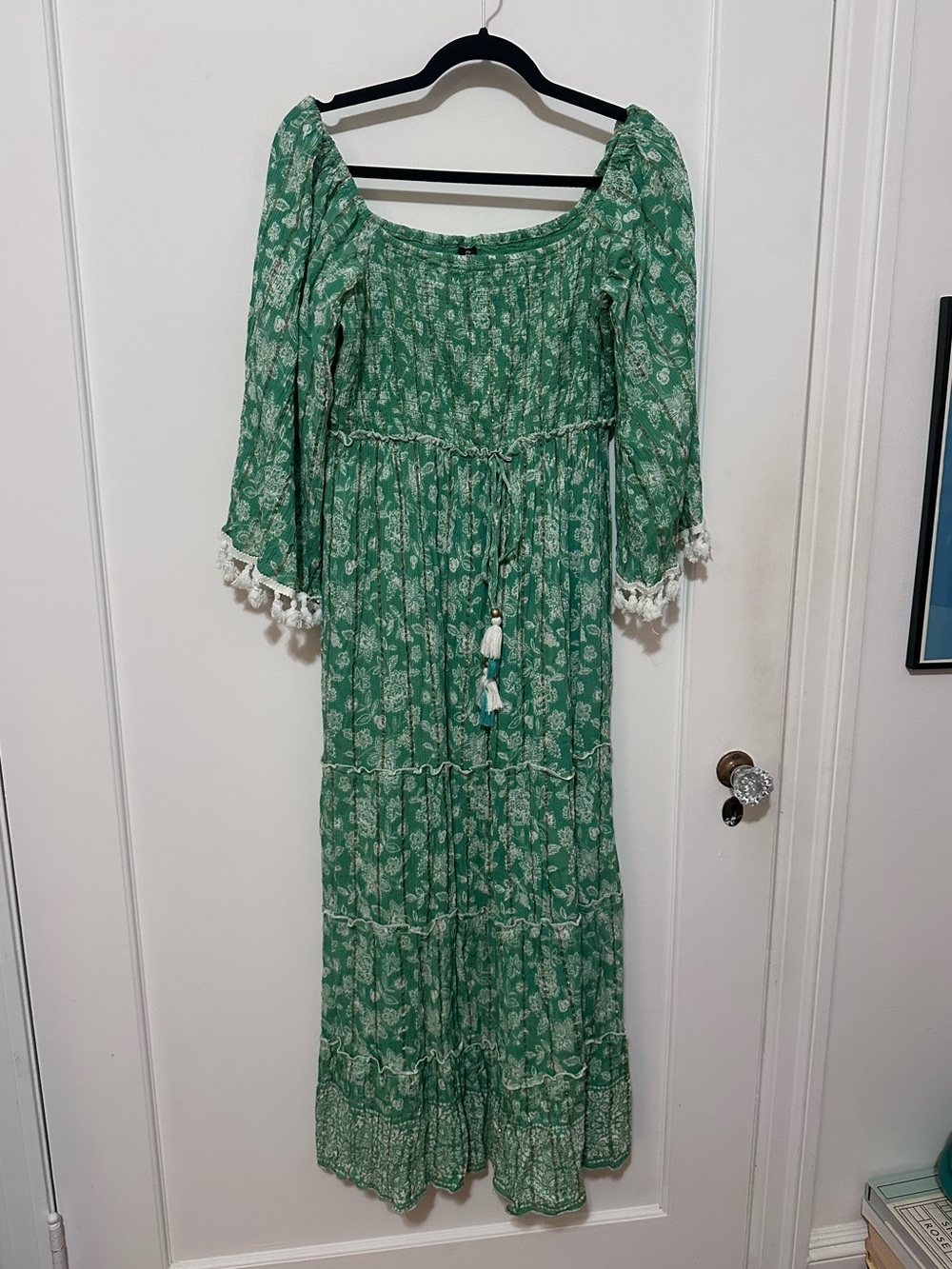 Anthropologie Me 2 Magic green floral maxi dress w/ white tassel trim - S